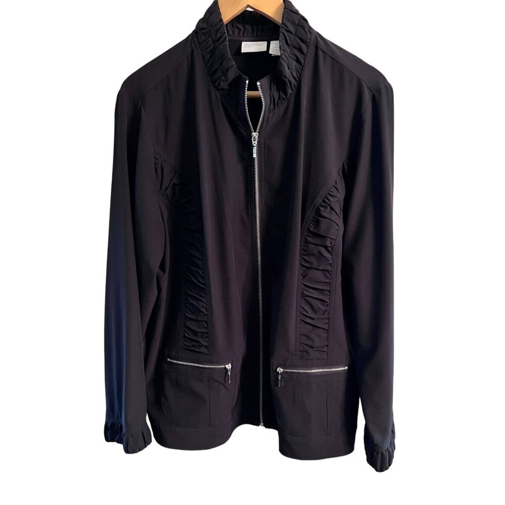 Zenergy Chicos Womens Jacket Size Size 3 Black Ruched Full-Zip Ruffle Detail